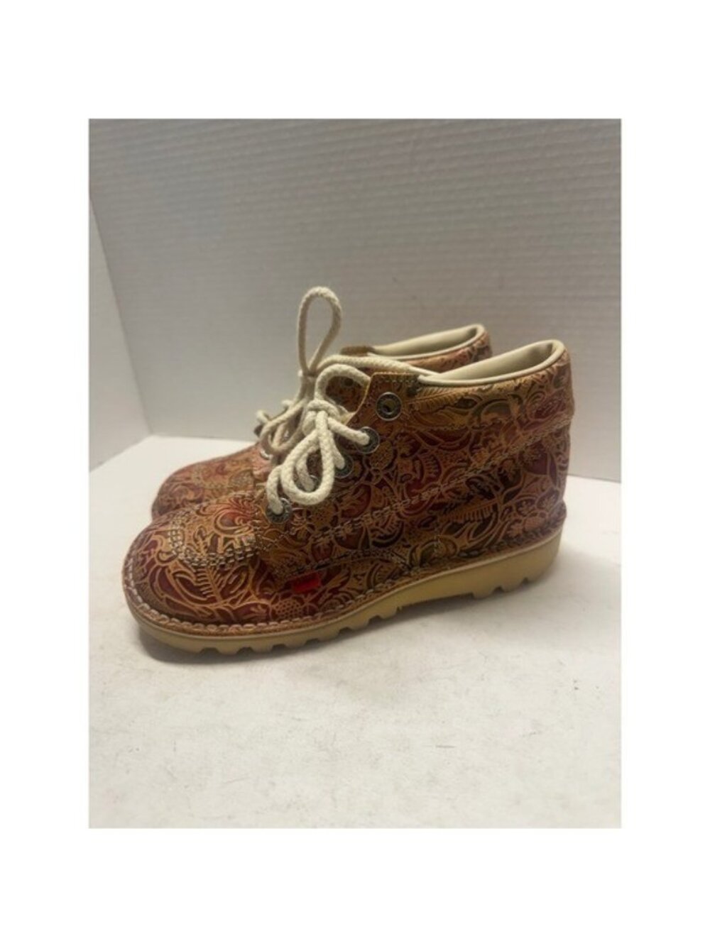 Kickers Kick Hi Embossed Floral Paisley Leather Ankle Boots Brown Red Women 5
